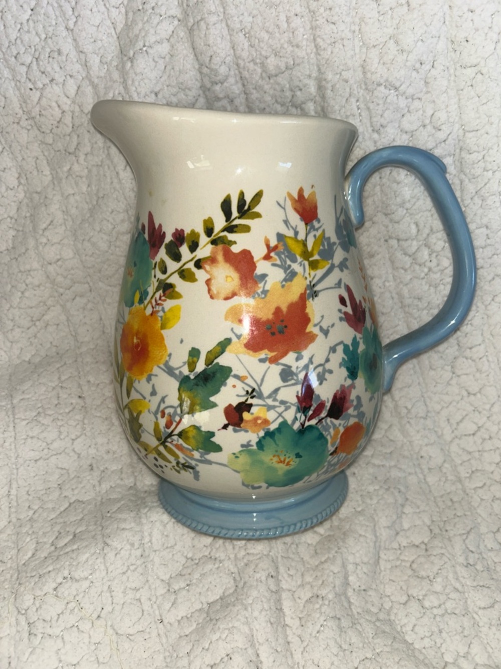 The Pioneer Woman Cream Pitcher with Blue Handle and Multicolor Floral Design
